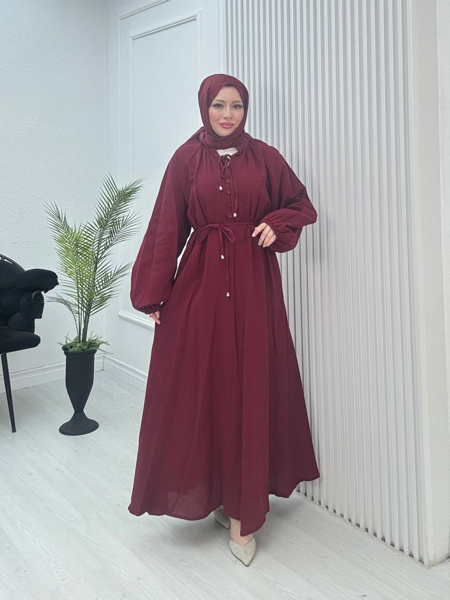 Gx2563-Düğmeli Müslin Elbise-Bordo