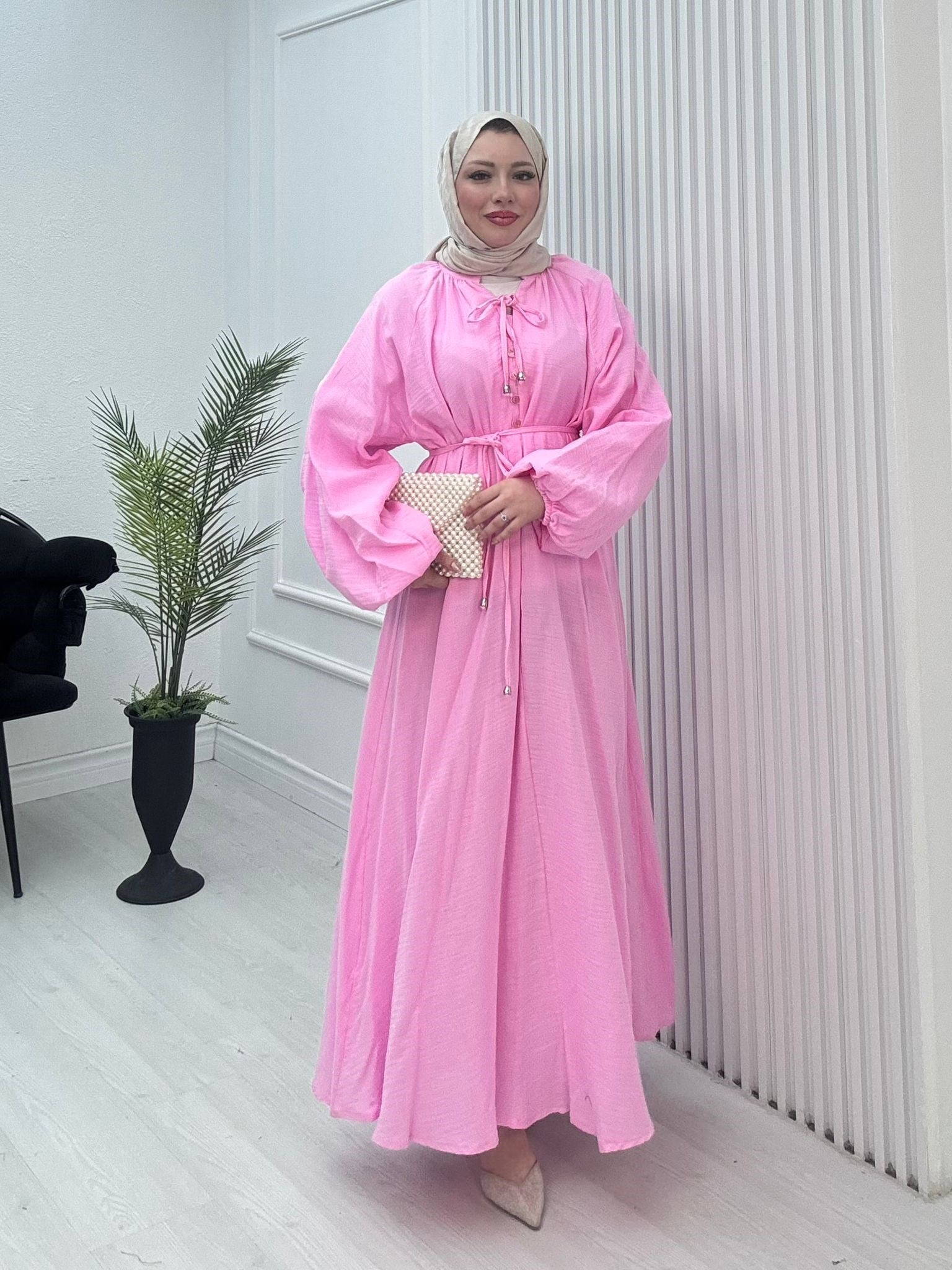 Gx2563-Düğmeli Müslin Elbise-Pembe