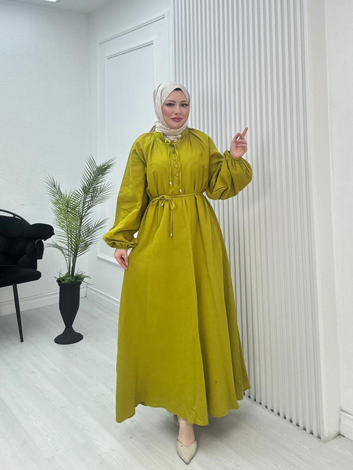 Gx2563-Düğmeli Müslin Elbise-Yağ