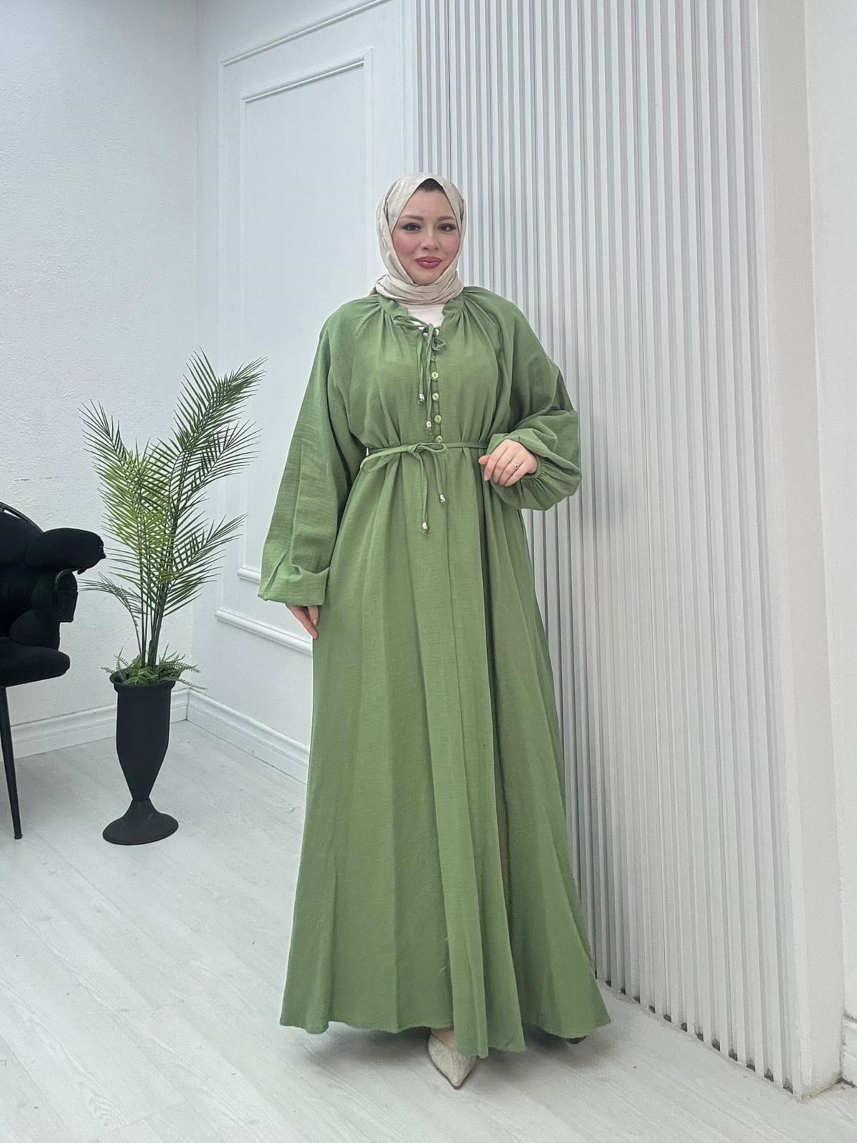 Gx2563-Düğmeli Müslin Elbise-Yeşil