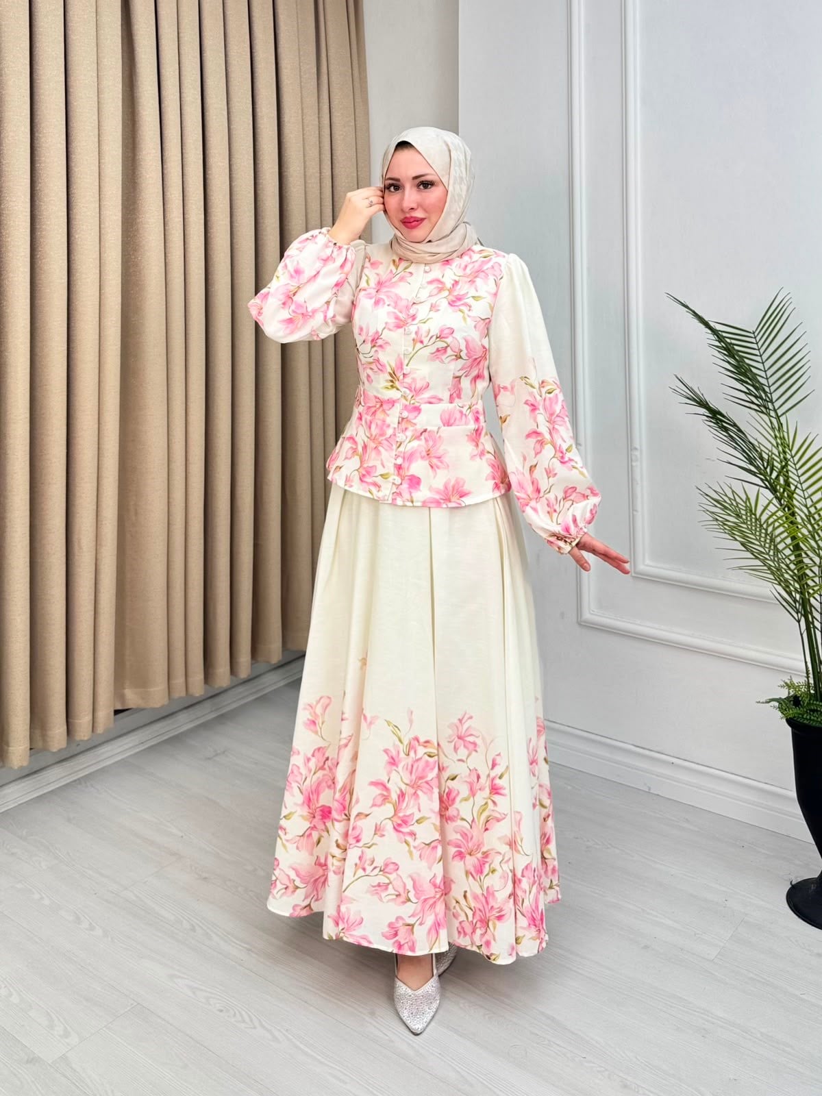 Hx4465-Lavinya Keten Takım-Pembe