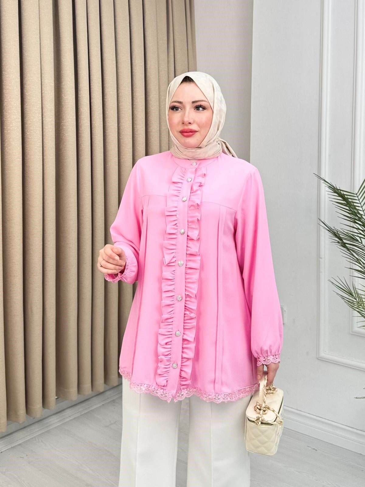 Hz2172-İnci Düğme Fırfırlı Gömlek-Pembe