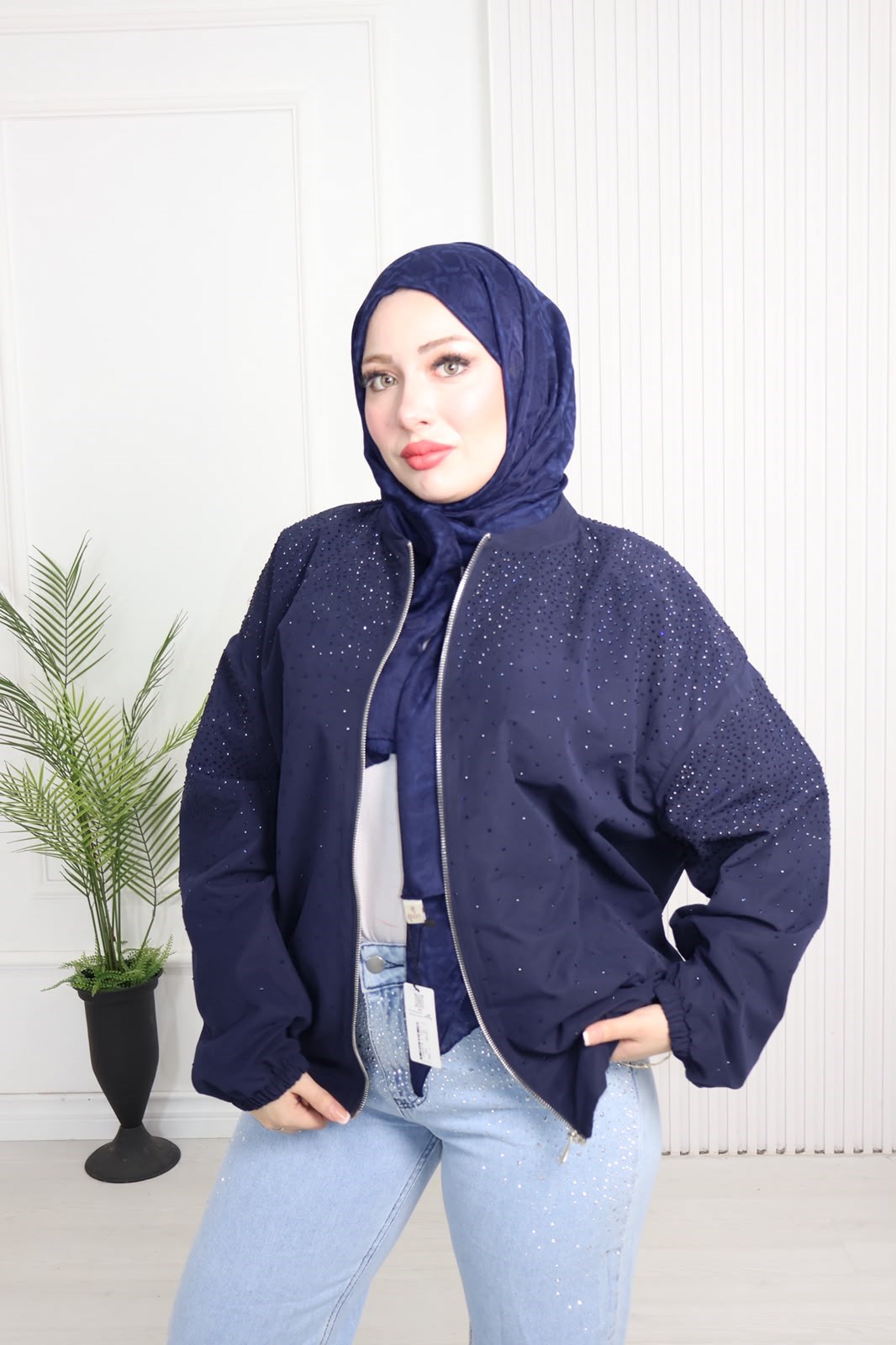 Hz4392-Ravella Taşlı Bomber Ceket-Lacivert