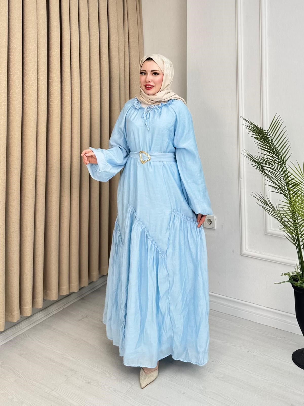 Lr5302-Noura Kemerli Maxi Elbise-Mavi