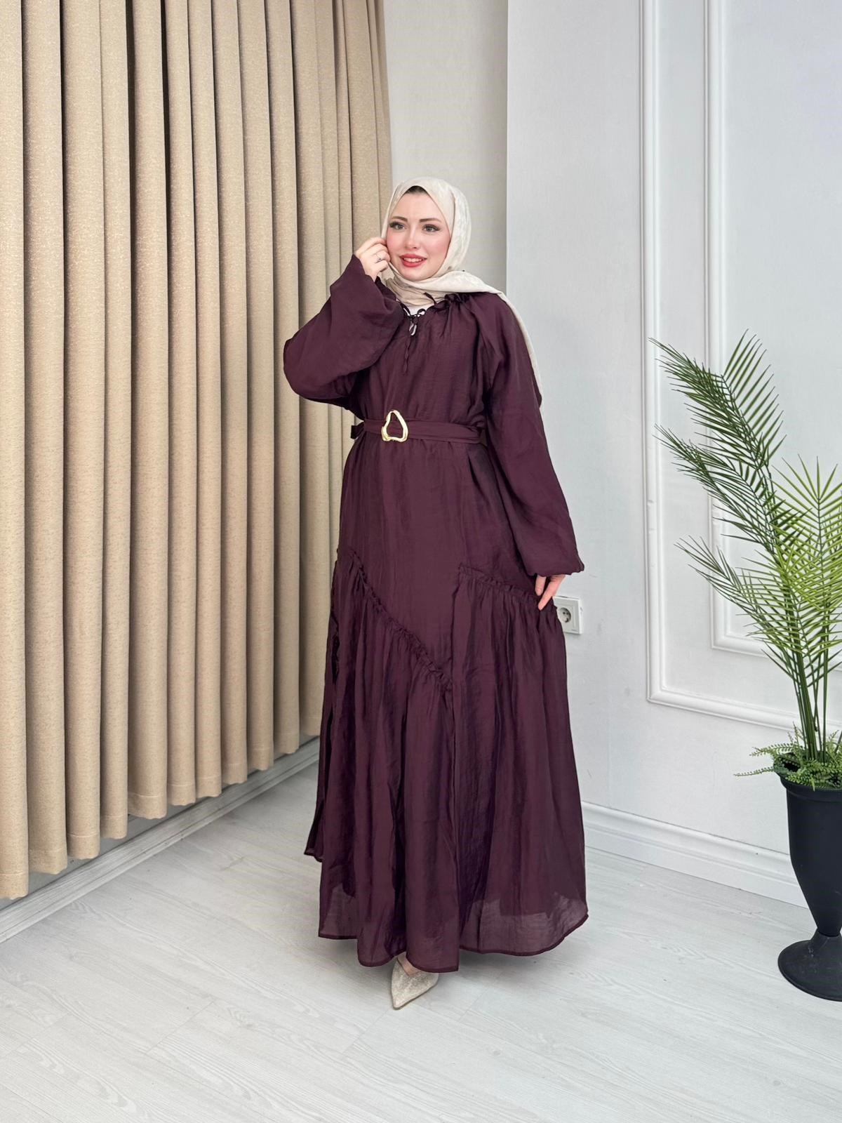Lr5302-Noura Kemerli Maxi Elbise-Mürdüm