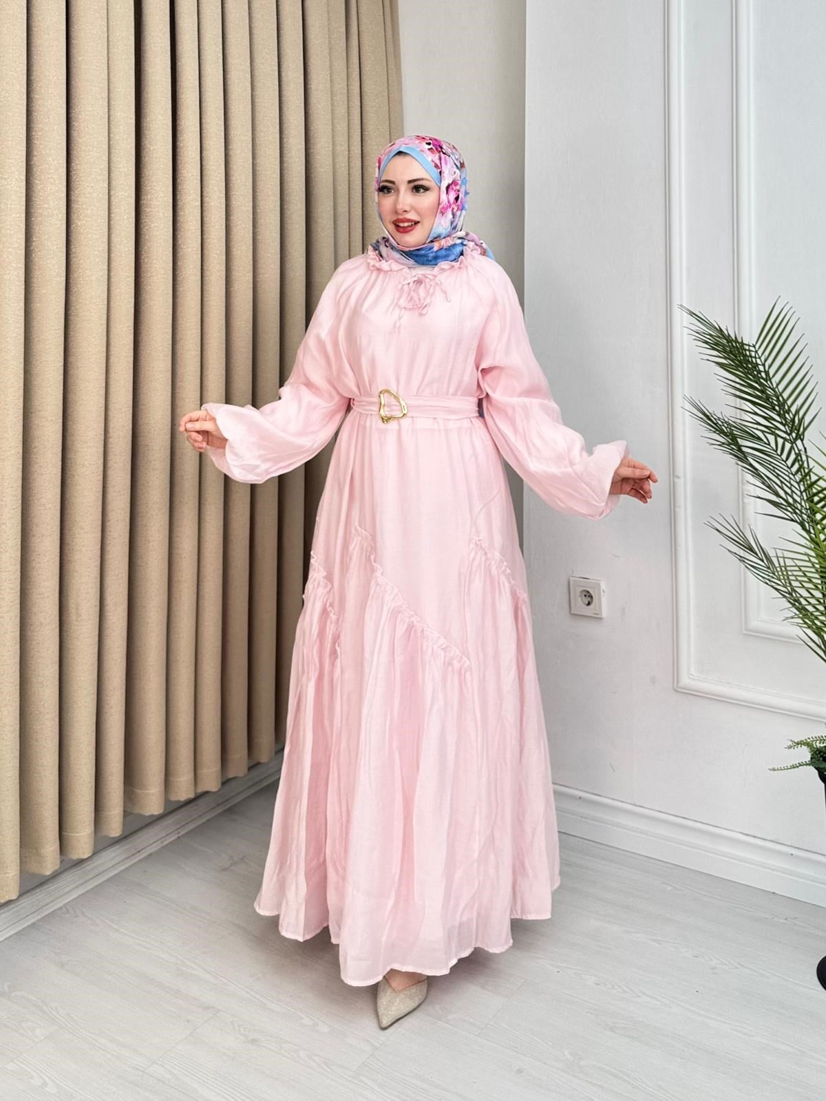 Lr5302-Noura Kemerli Maxi Elbise-Pembe