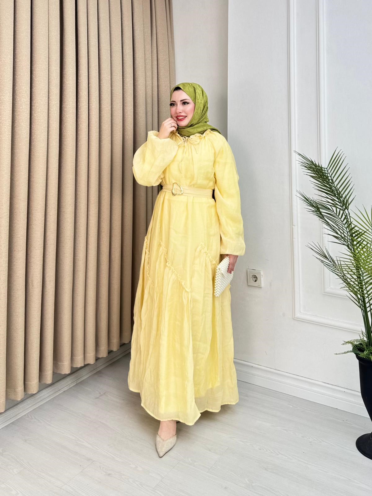 Lr5302-Noura Kemerli Maxi Elbise-Sarı