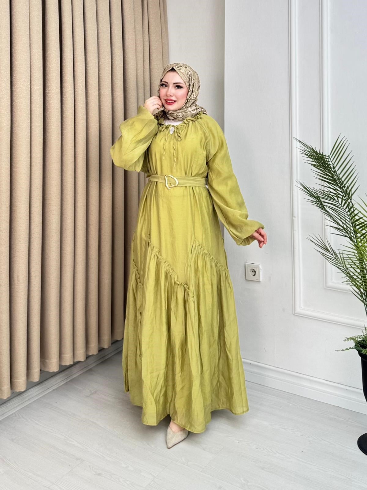 Lr5302-Noura Kemerli Maxi Elbise-Yeşil