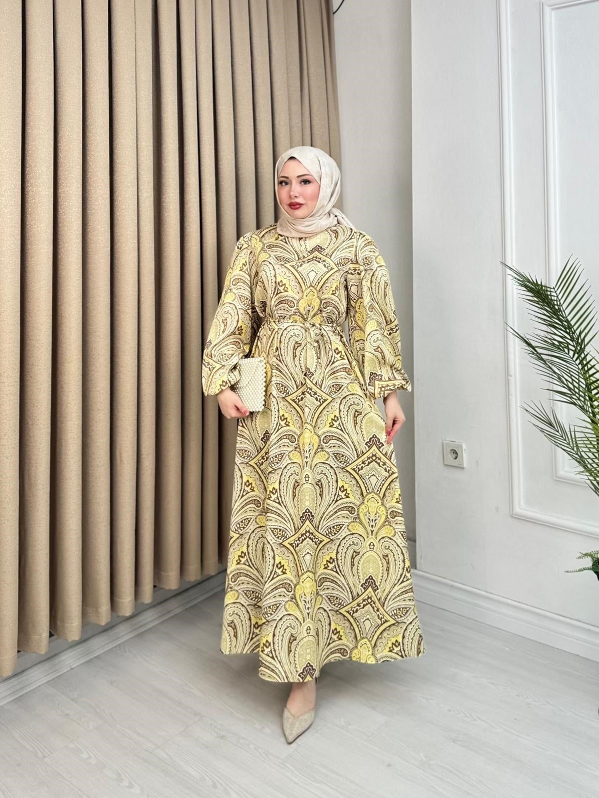 Lw2567-Kayra İpek Saten Elbise-Sarı