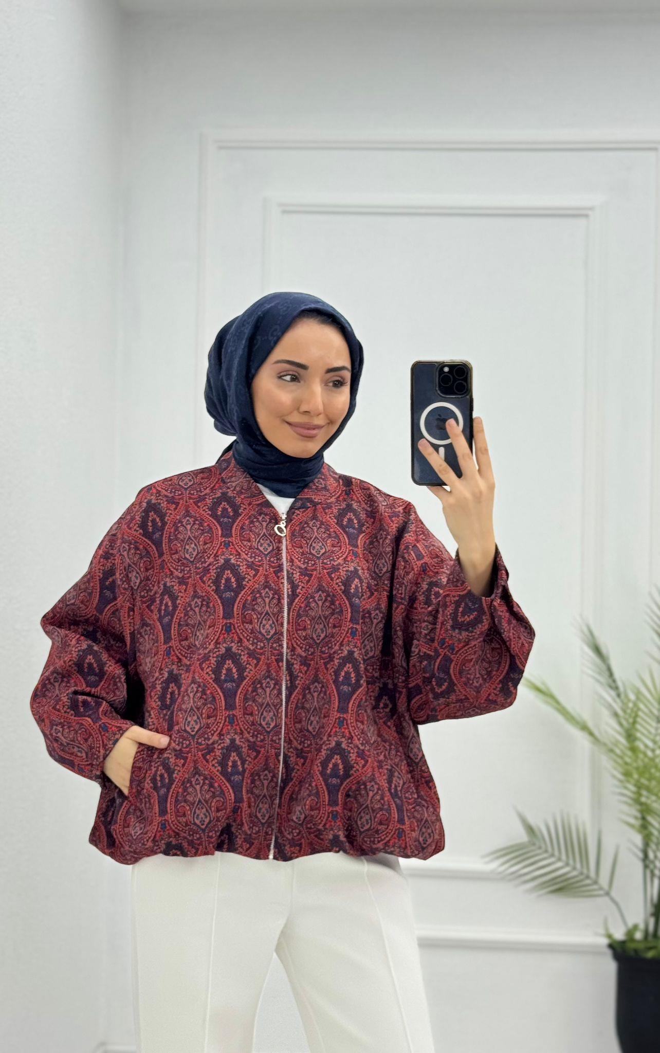 Lx2033-Etnik Desen Ceket-Bordo