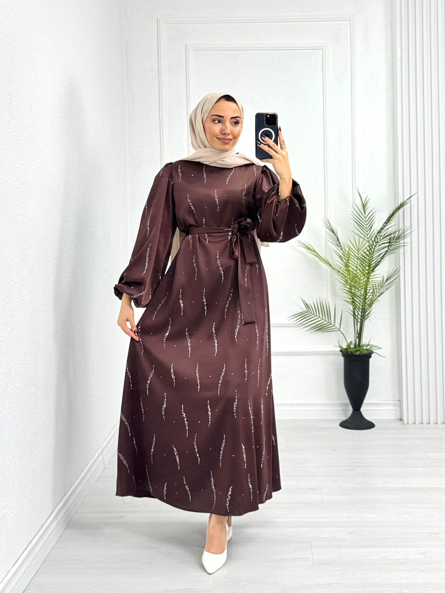 Lx3334-Eftelya Abiye-Kahverengi