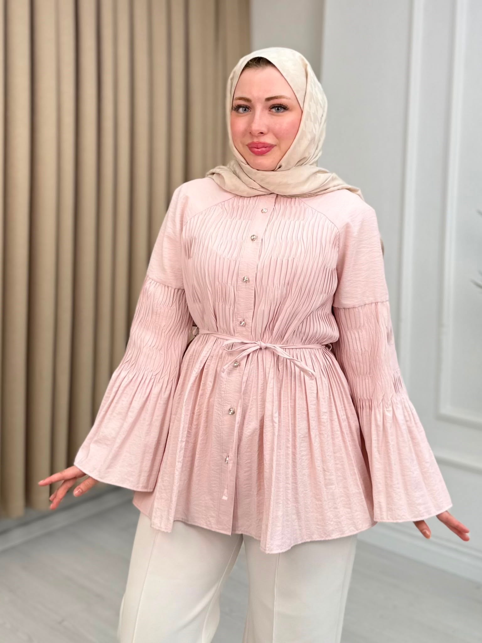 Me2201-Kalp Düğmeli Pamuklu Gömlek-Pembe