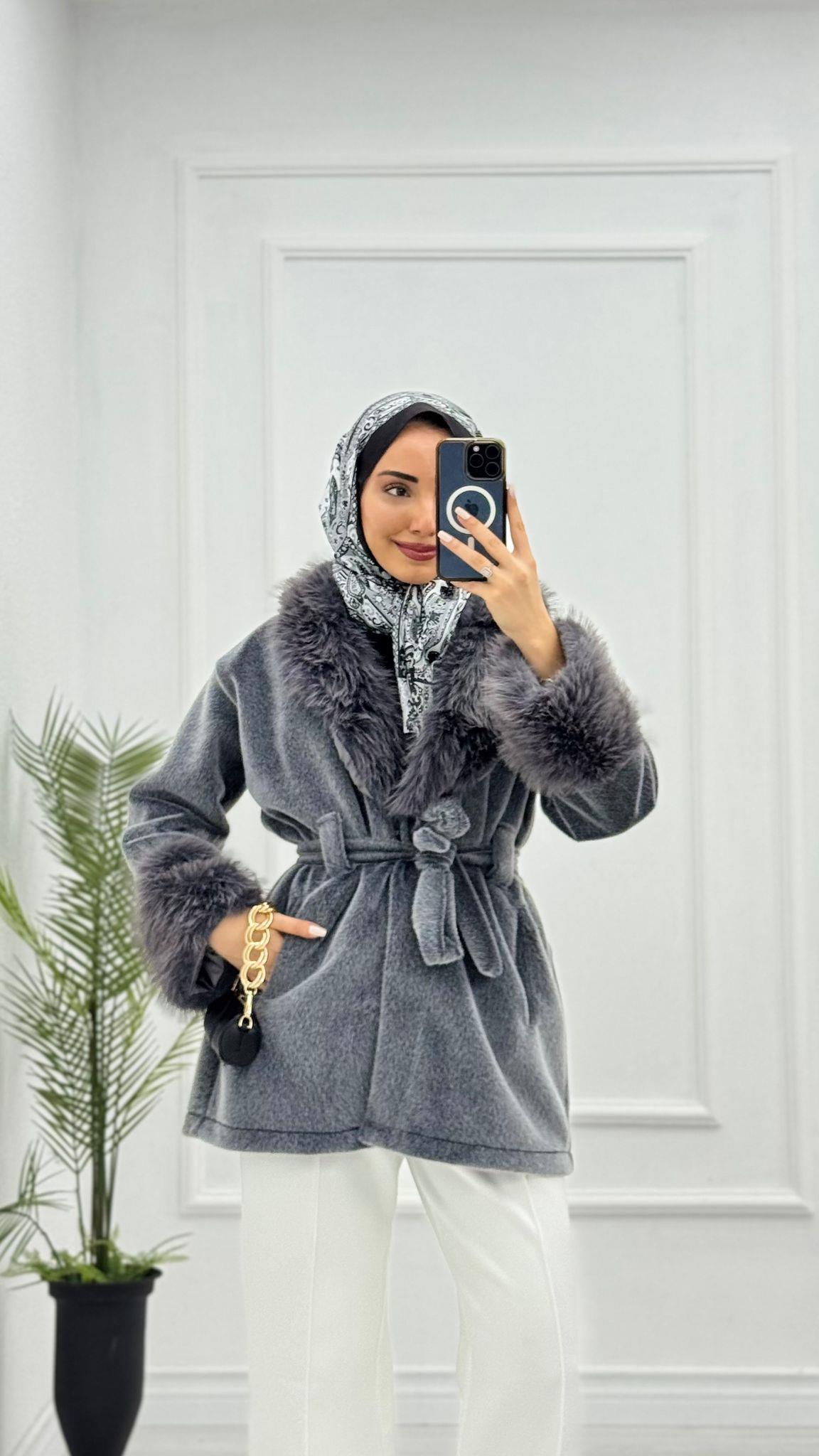 Mx0144-Elegant Kürk Kaban-Gri