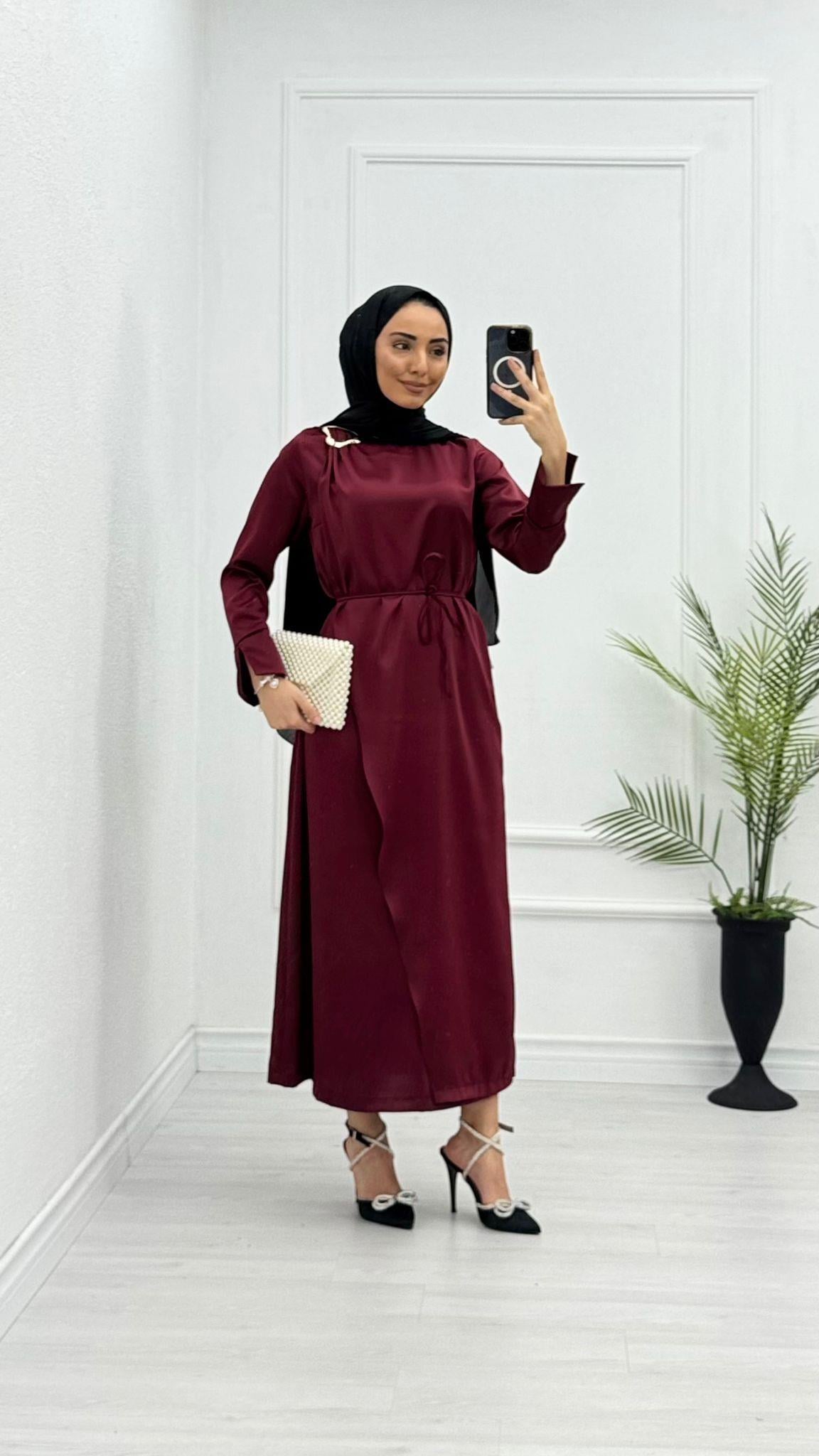 Mx3339-Saten Elbise-Bordo