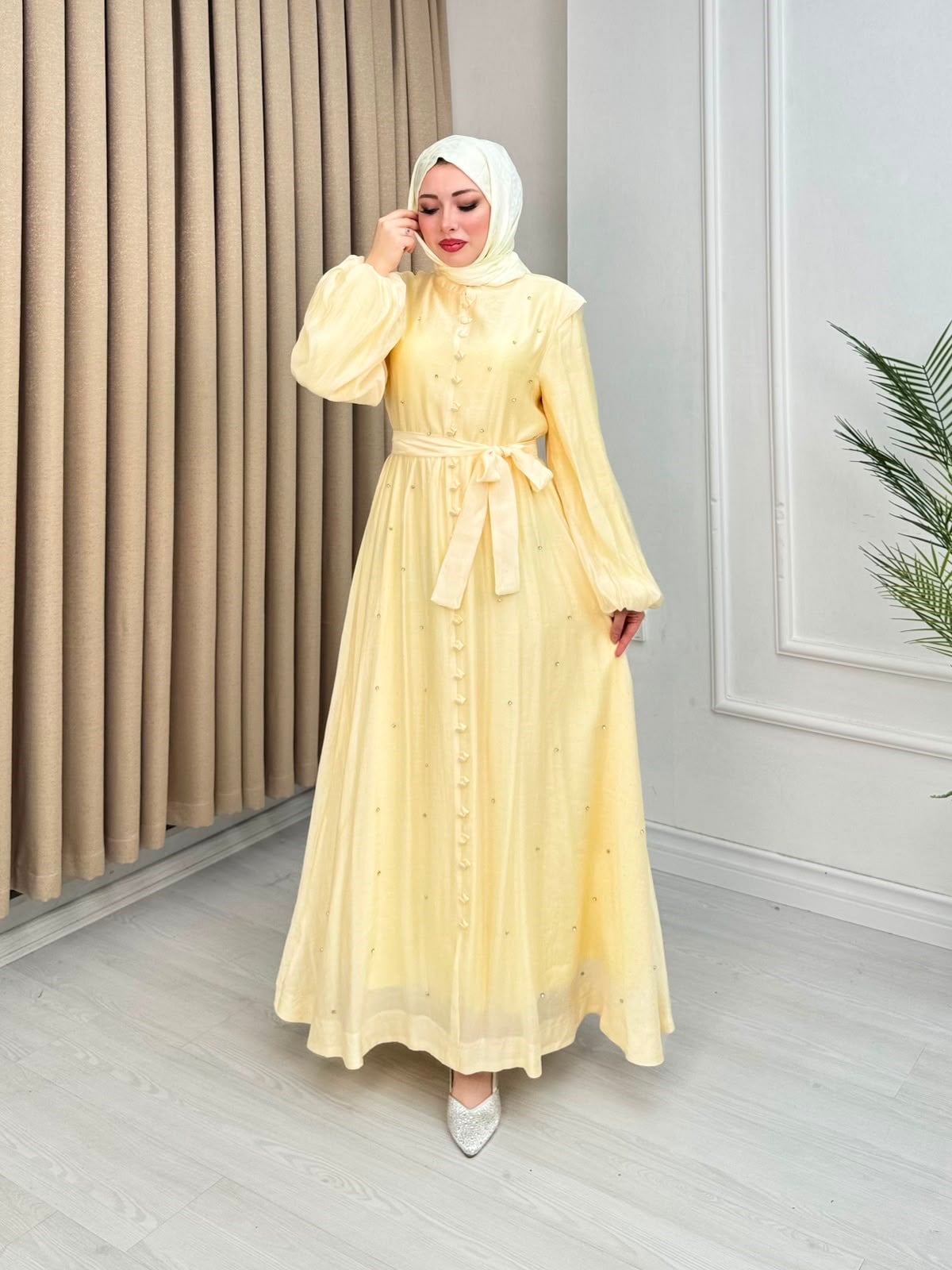 Pf6793-Taşlı Vual Elbise-Sarı