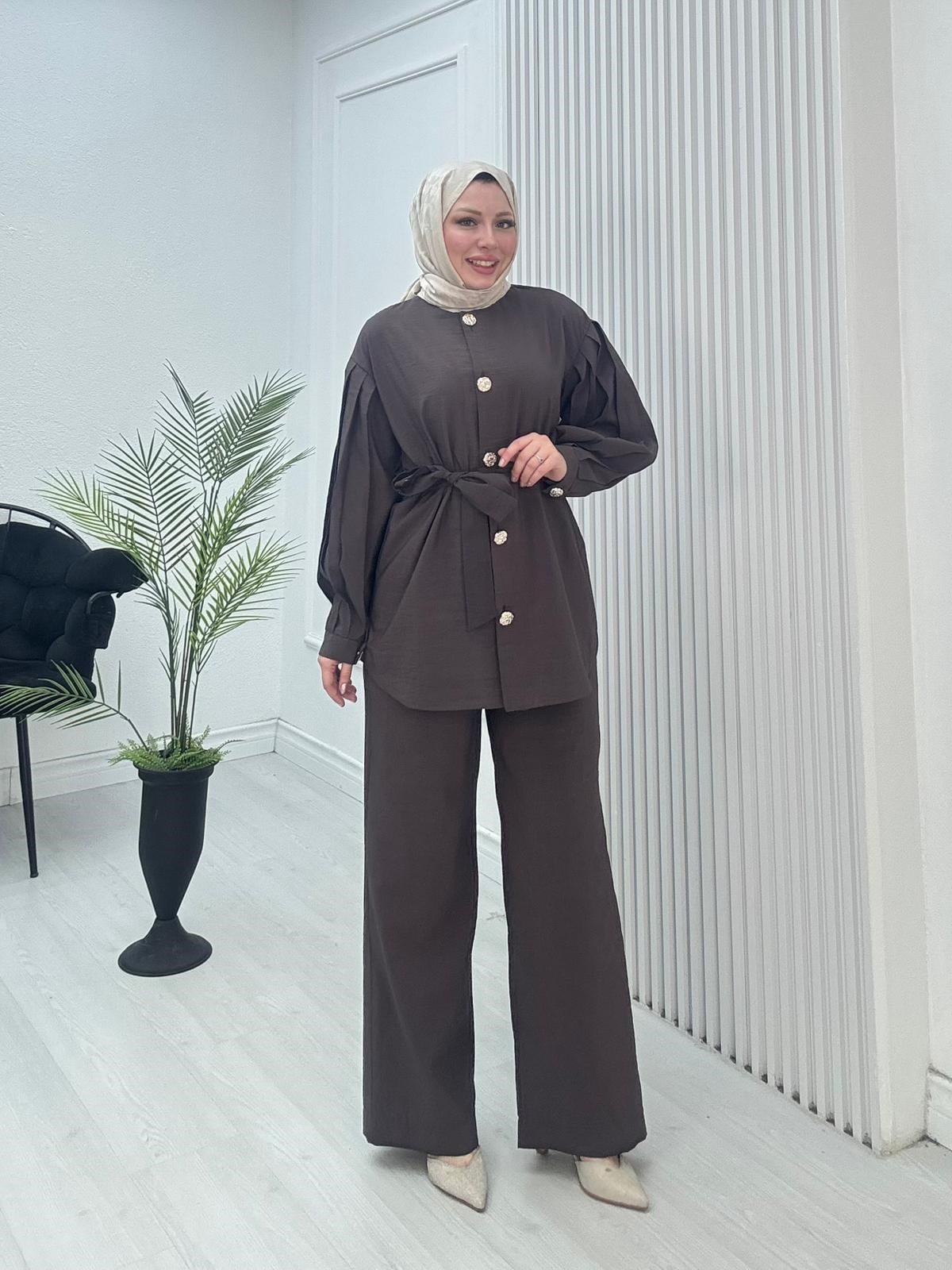 Pr3634-Cupra Dubai Pantolonlu Takım-Kahverengi
