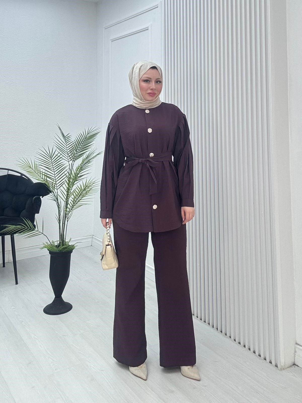 Pr3634-Cupra Dubai Pantolonlu Takım-Mürdüm