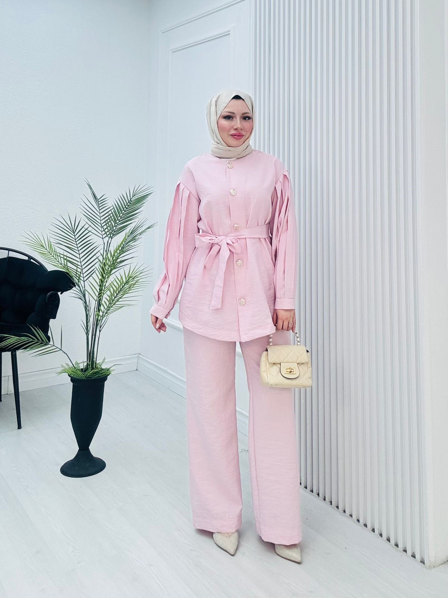 Pr3634-Cupra Dubai Pantolonlu Takım-Tozlu Pembe