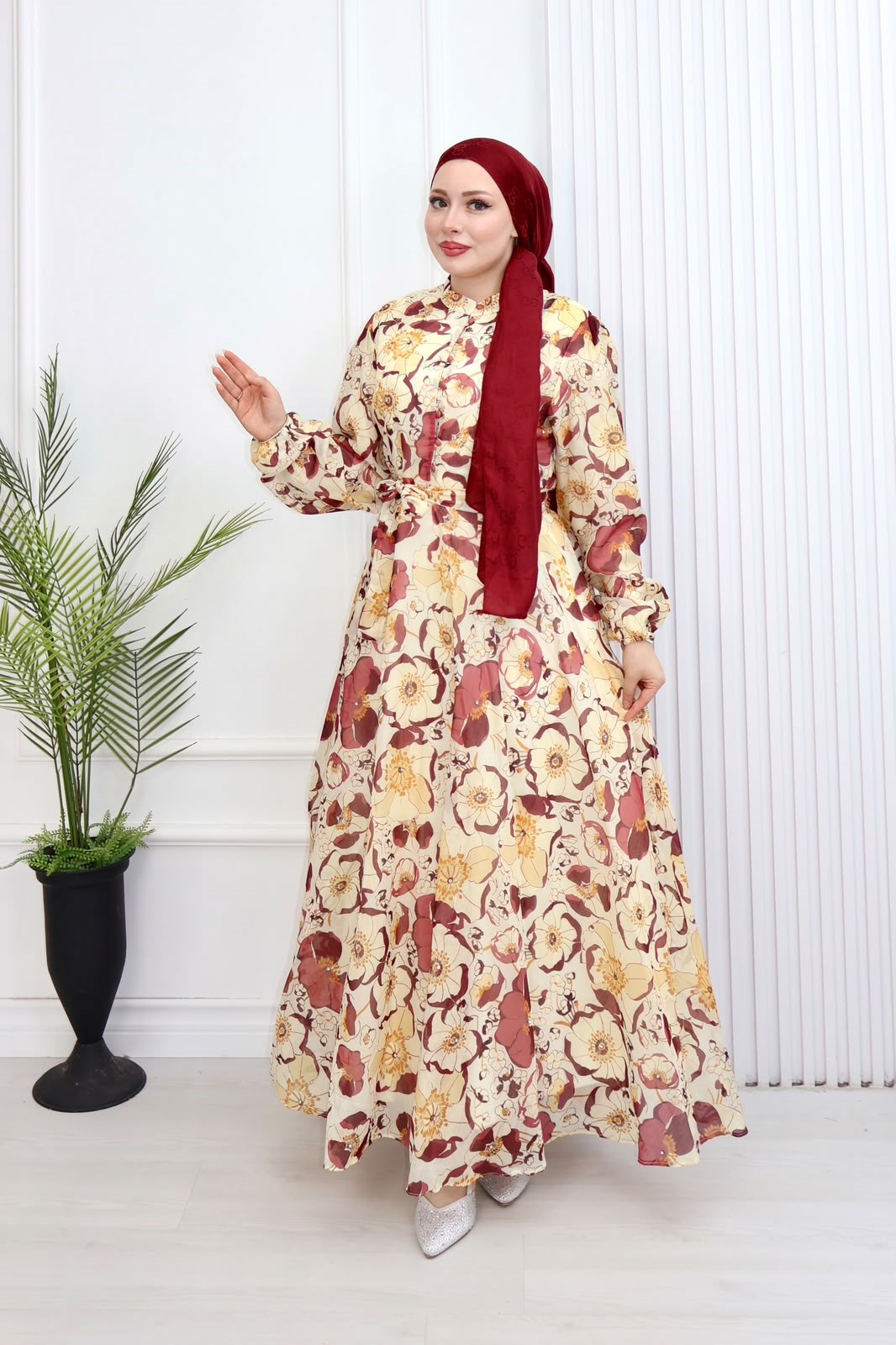Pr6813-Soft Kumaş A Kesim Elbise-Bordo
