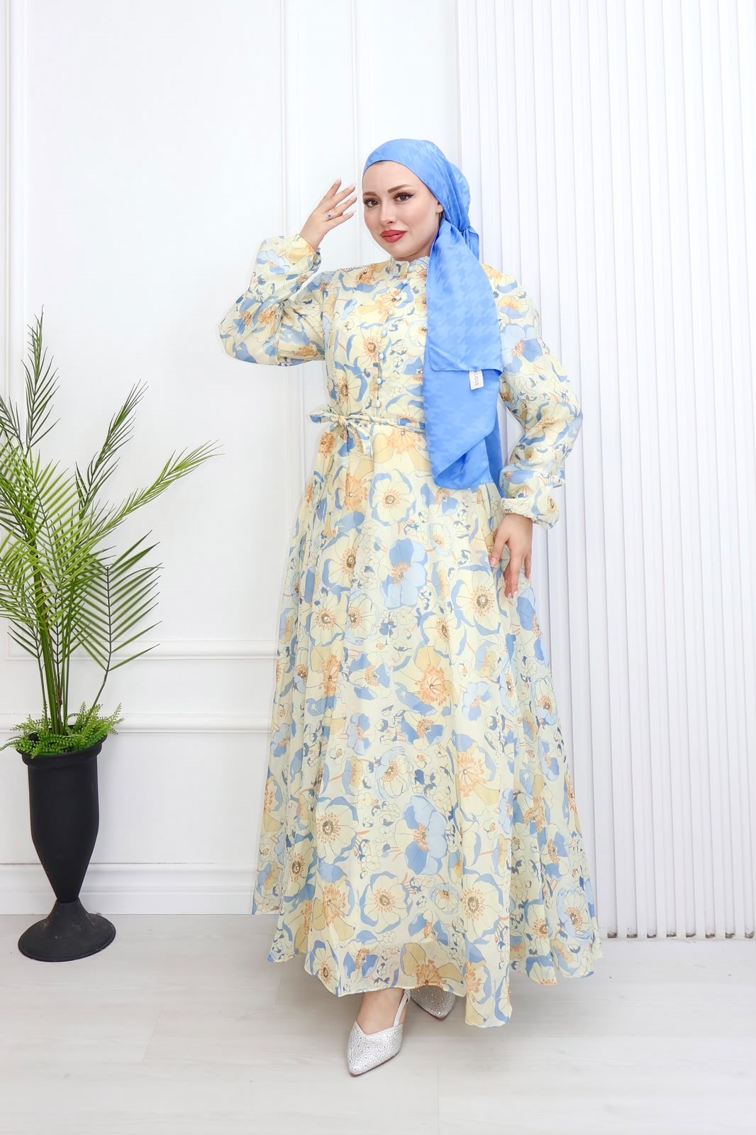 Pr6813-Soft Kumaş A Kesim Elbise-Mavi