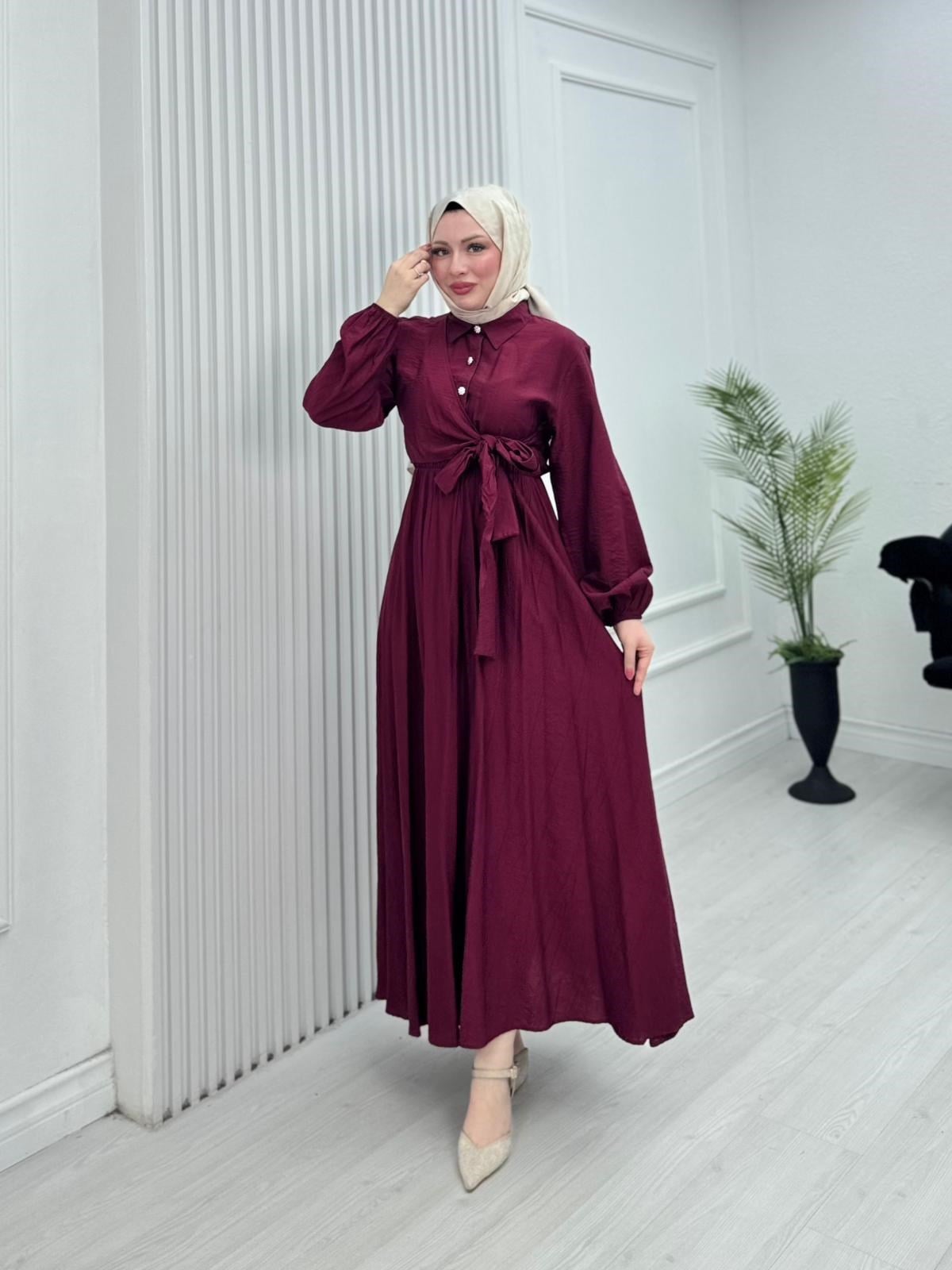 Pw2566-Çilek Kumaş Bağlamalı Elbise-Bordo