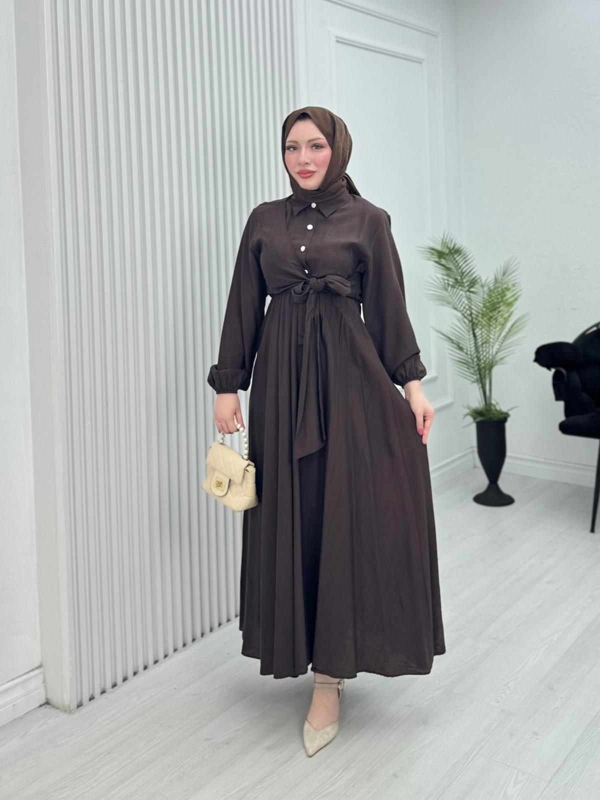 Pw2566-Çilek Kumaş Bağlamalı Elbise-Kahverengi