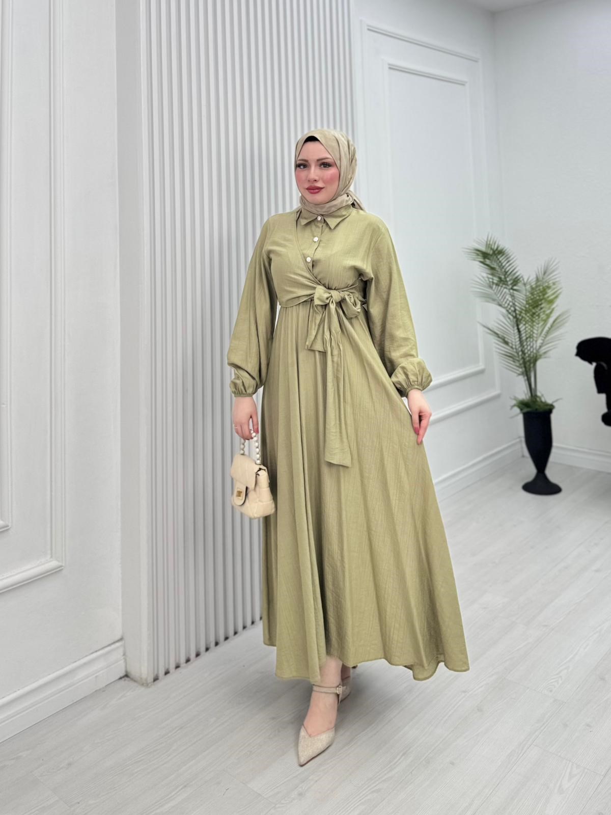 Pw2566-Çilek Kumaş Bağlamalı Elbise-Soft Yeşil