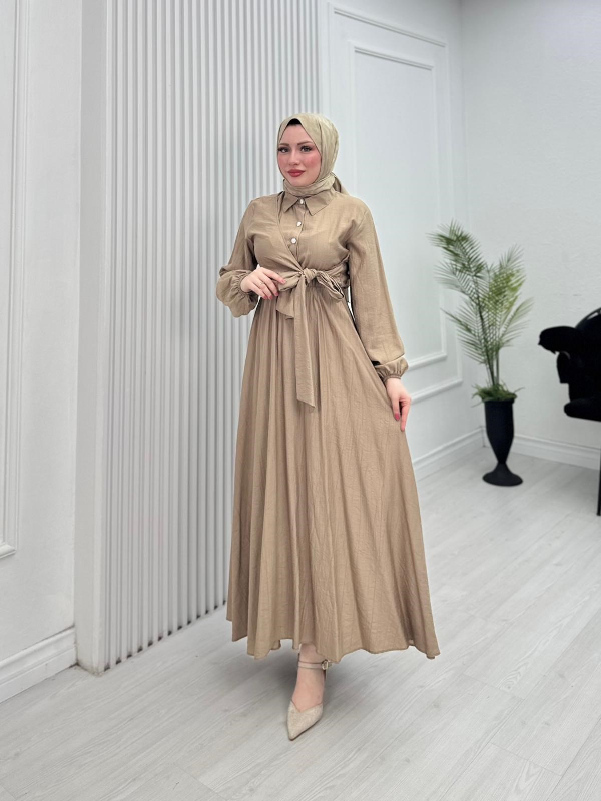 Pw2566-Çilek Kumaş Bağlamalı Elbise-Sütlü Kahve