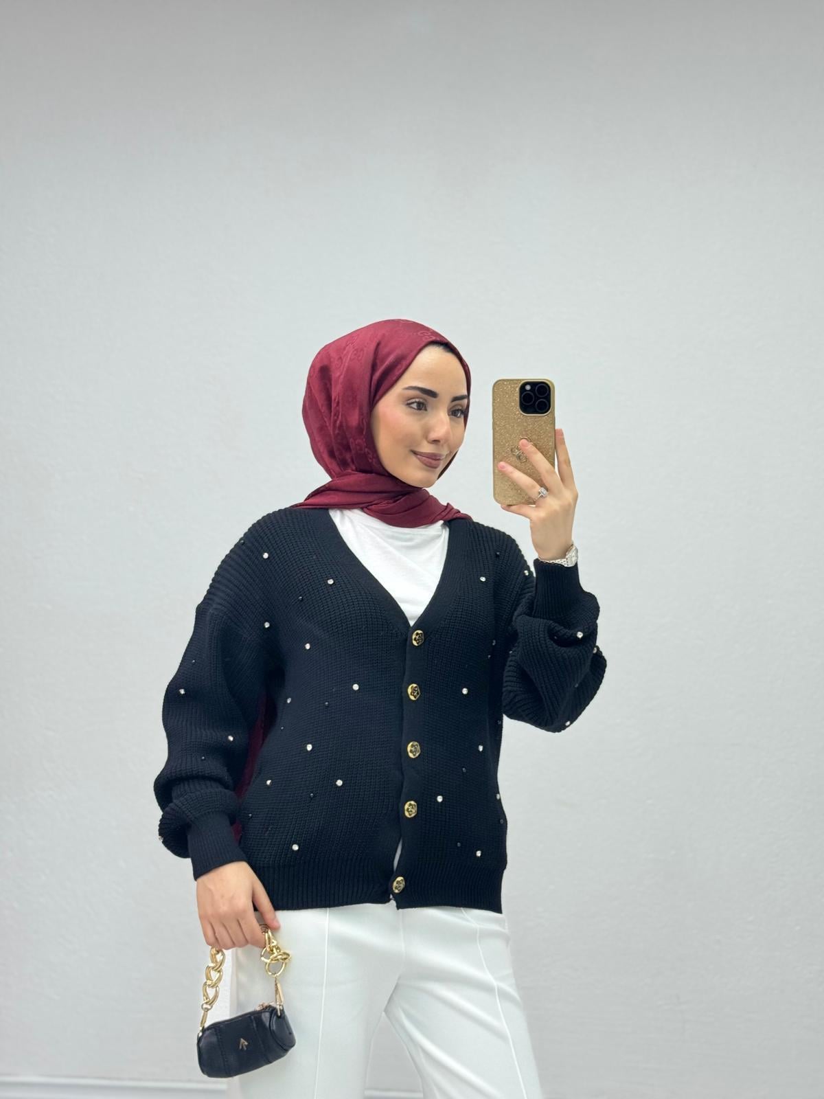 Px9689-Taşlı Hırka-Siyah