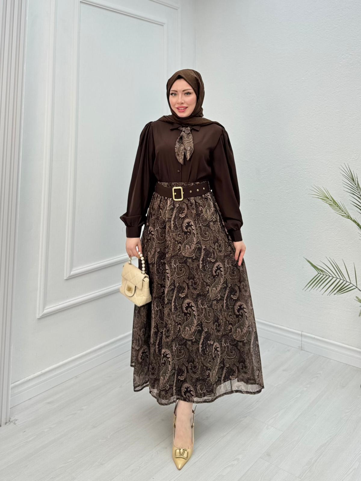 Qb3456-Maria Etek Takım-Kahverengi