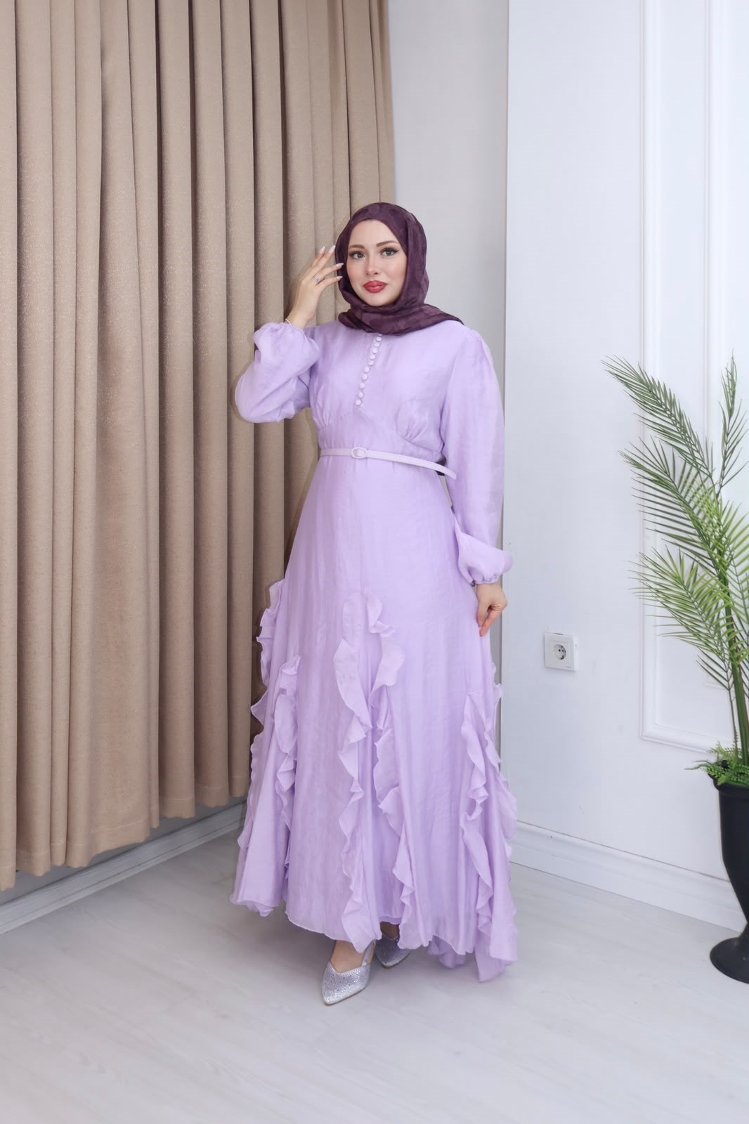 Qd6810b-Vual Asimetrik Kemerli Elbise-Lila