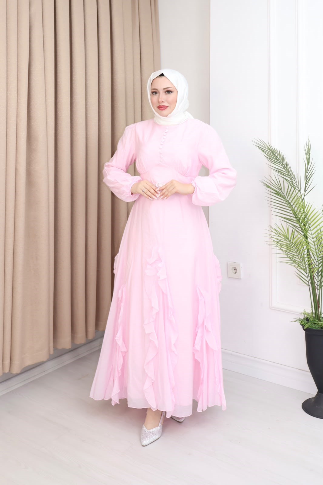 Qd6810b-Vual Asimetrik Kemerli Elbise-Pembe