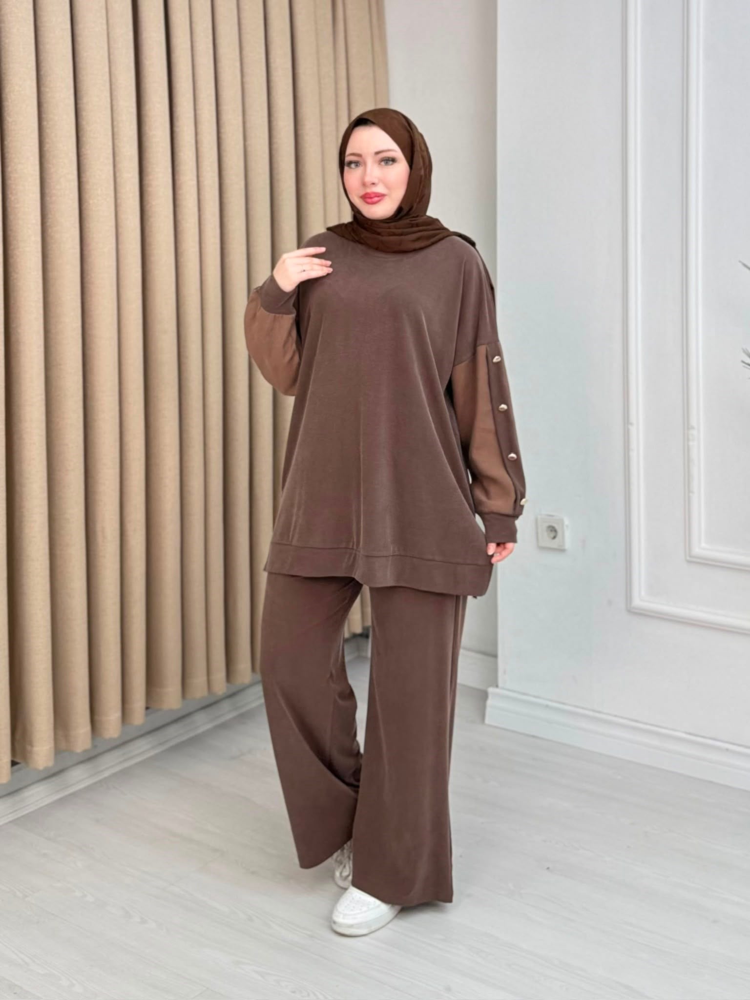 Qh5558-Mira Düğme Detaylı Takım-Kahverengi