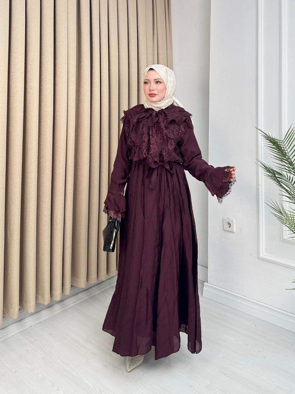 Qw5297-Dantelli Vual Elbise-Mürdüm