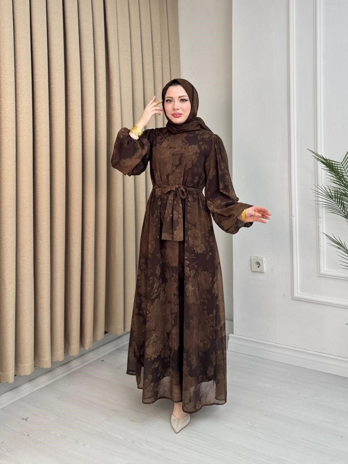 Rb2558-Desenli Şifon Elbise-Kahverengi