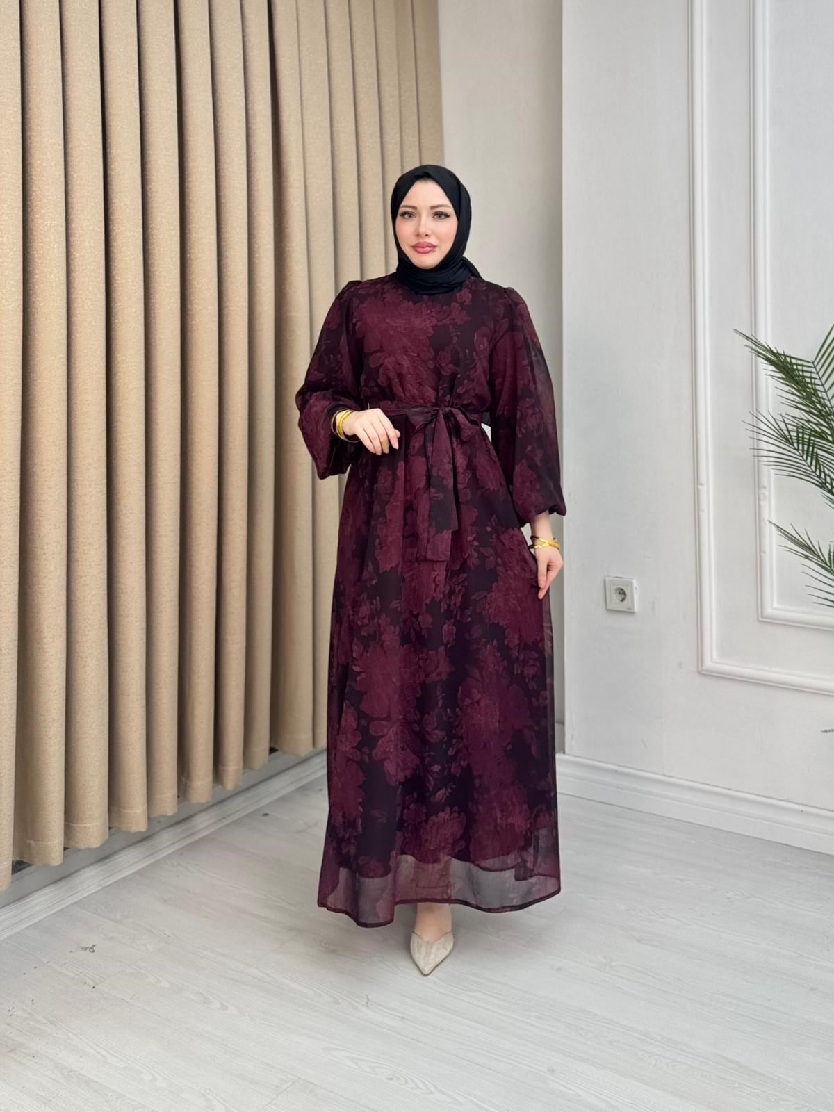 Rb2558-Desenli Şifon Elbise-Mürdüm