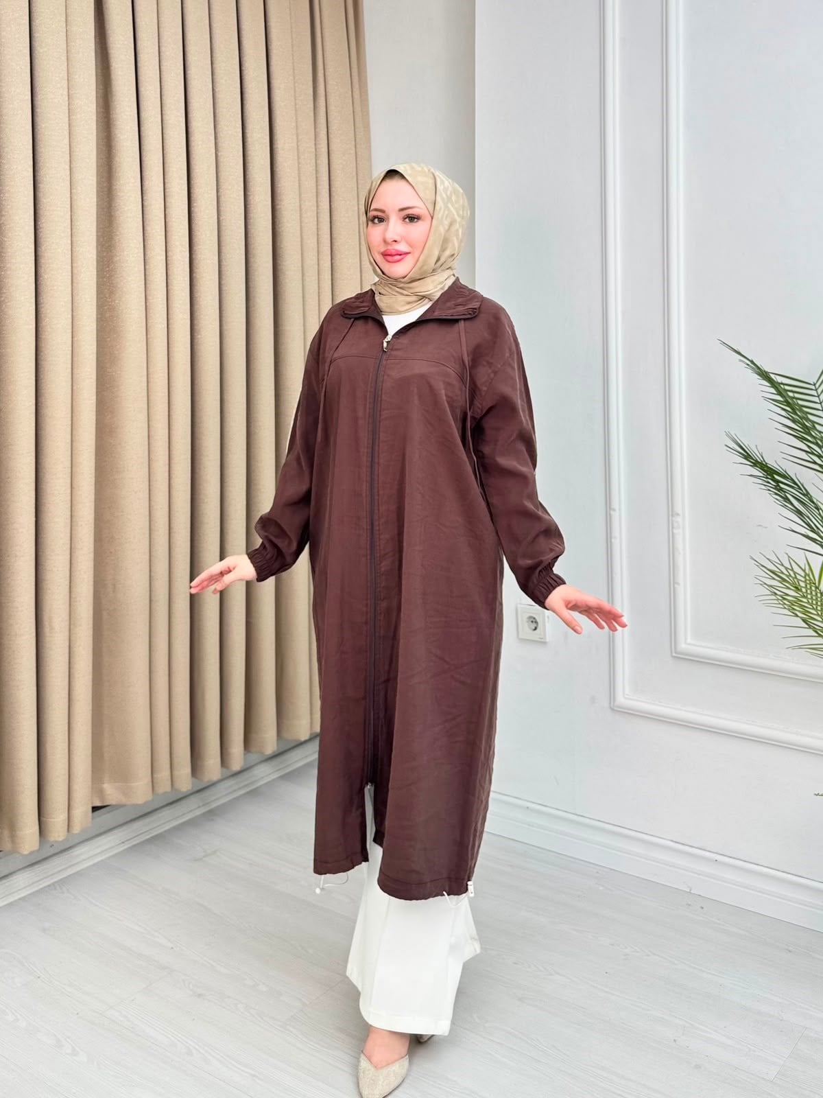 Rb3678-Tensel Uzun Fermuarlı Kap-Kahverengi