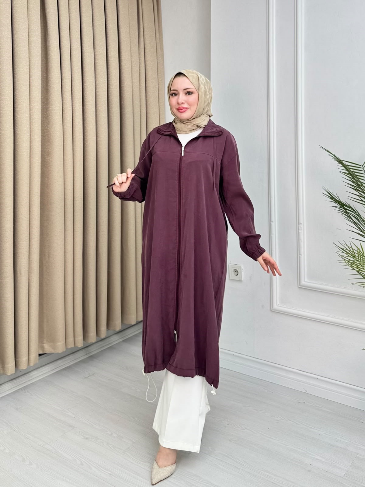 Rb3678-Tensel Uzun Fermuarlı Kap-Mürdüm
