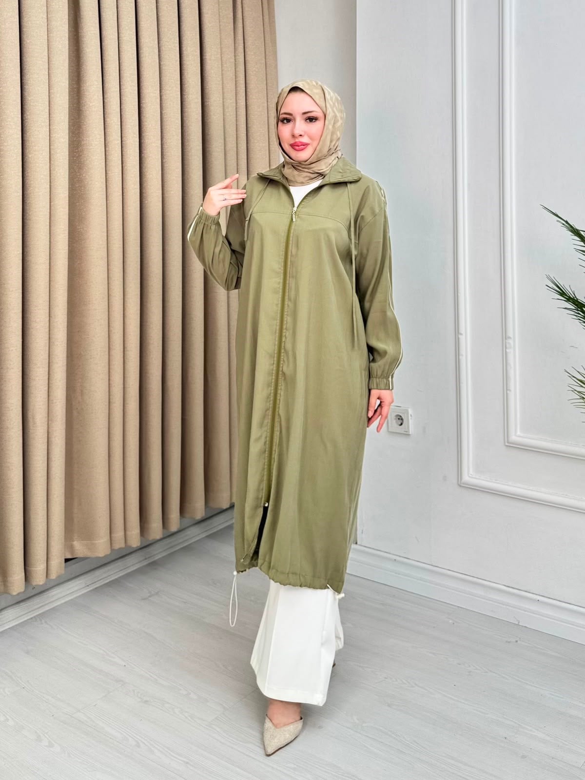 Rb3678-Tensel Uzun Fermuarlı Kap-Yeşil