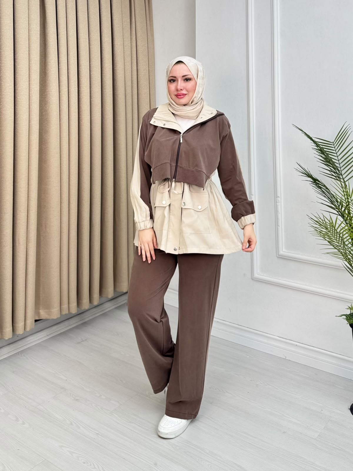 Rb5562-Tensel Çıtçıtlı Pantolonlu Takım-Kahverengi