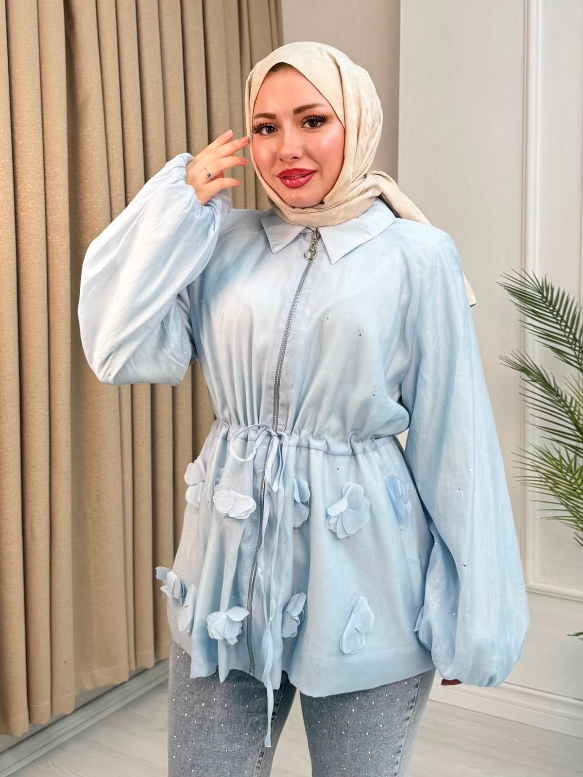 Rb6743-Vual Biye Kemerli Tunik-Mavi