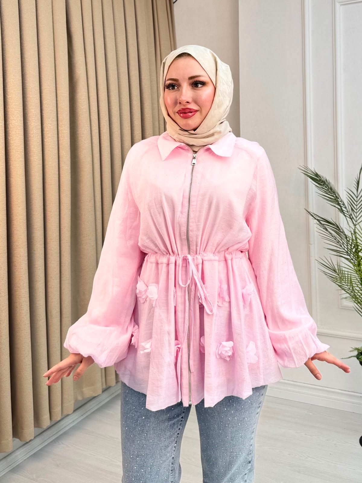 Rb6743-Vual Biye Kemerli Tunik-Pembe