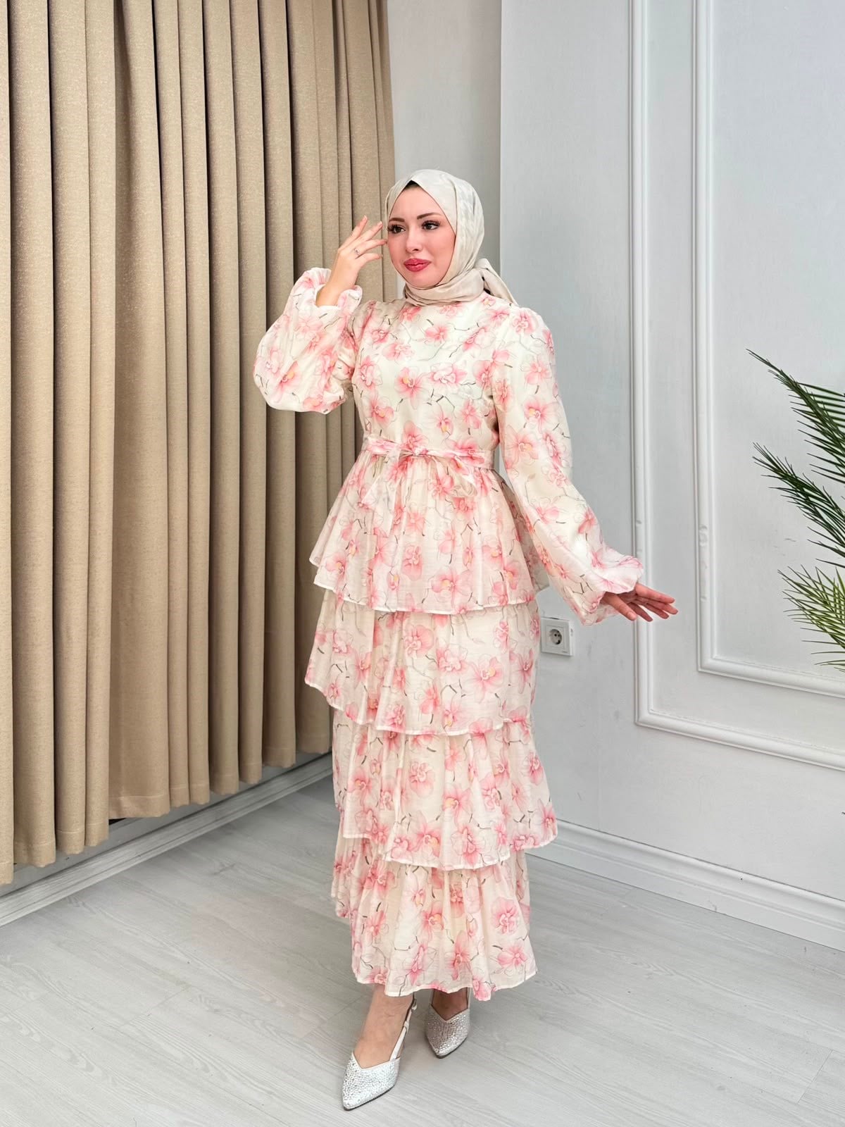 Rb6795-Şifon Çiçekli Elbise-Pembe