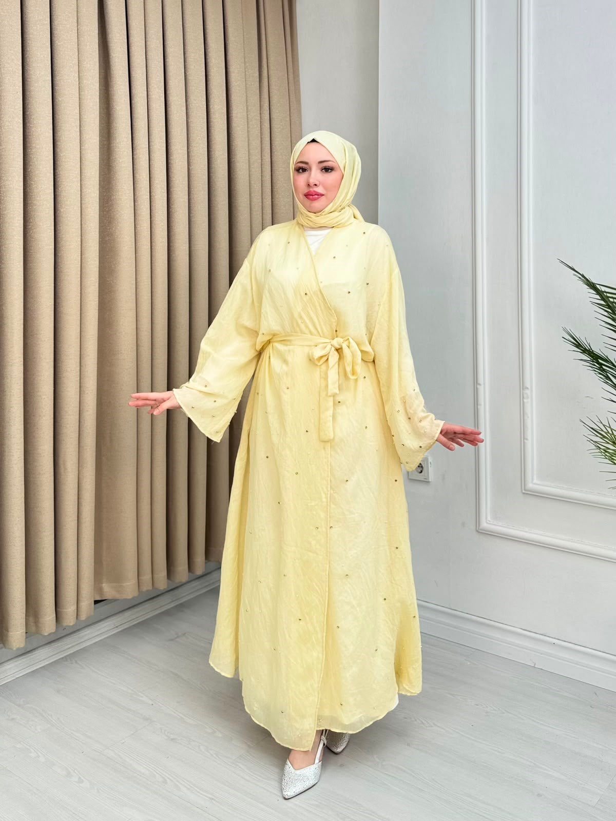 Rb6799-Vual Taş Serpme Kimono+Şallı Set-Sarı