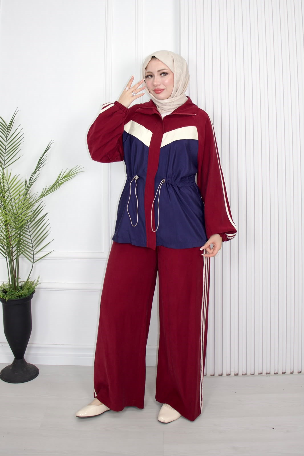 Rb7612-Tensel Biye Kemerli Pantolonlu Takım-Bordo