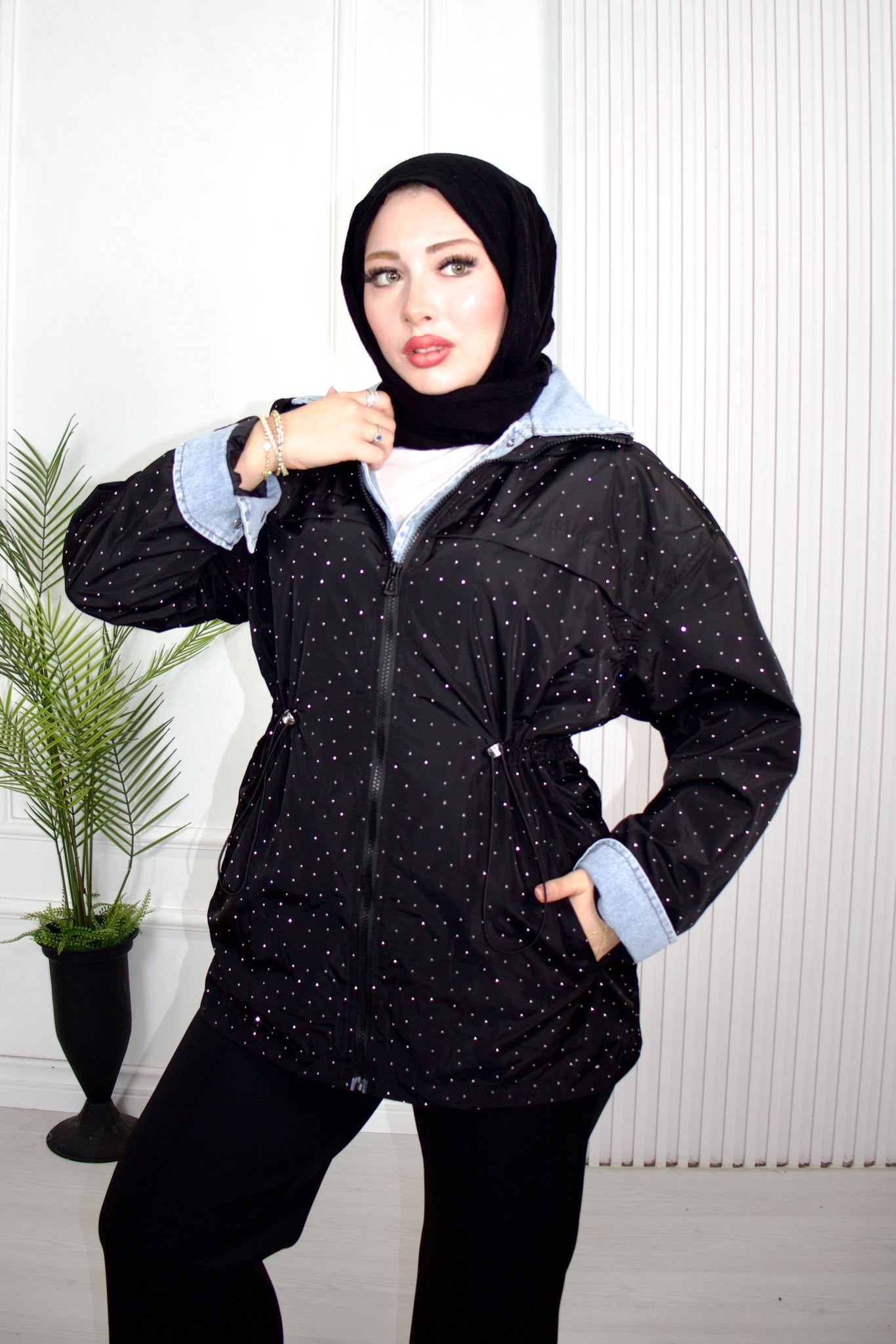 Rg8888-Denim Detaylı Paraşüt Trençkot-Siyah