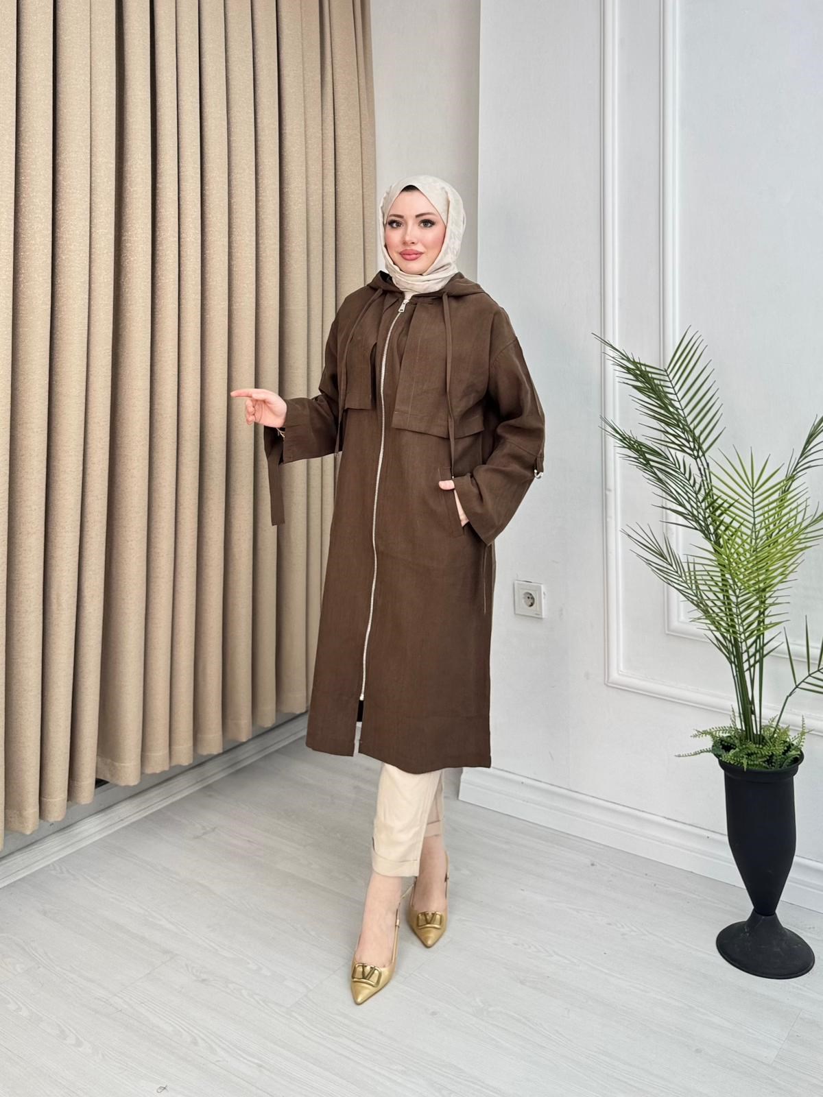 Rh3979-Pelerin Detaylı Kapüşonlu Uzun Kap-Kahverengi