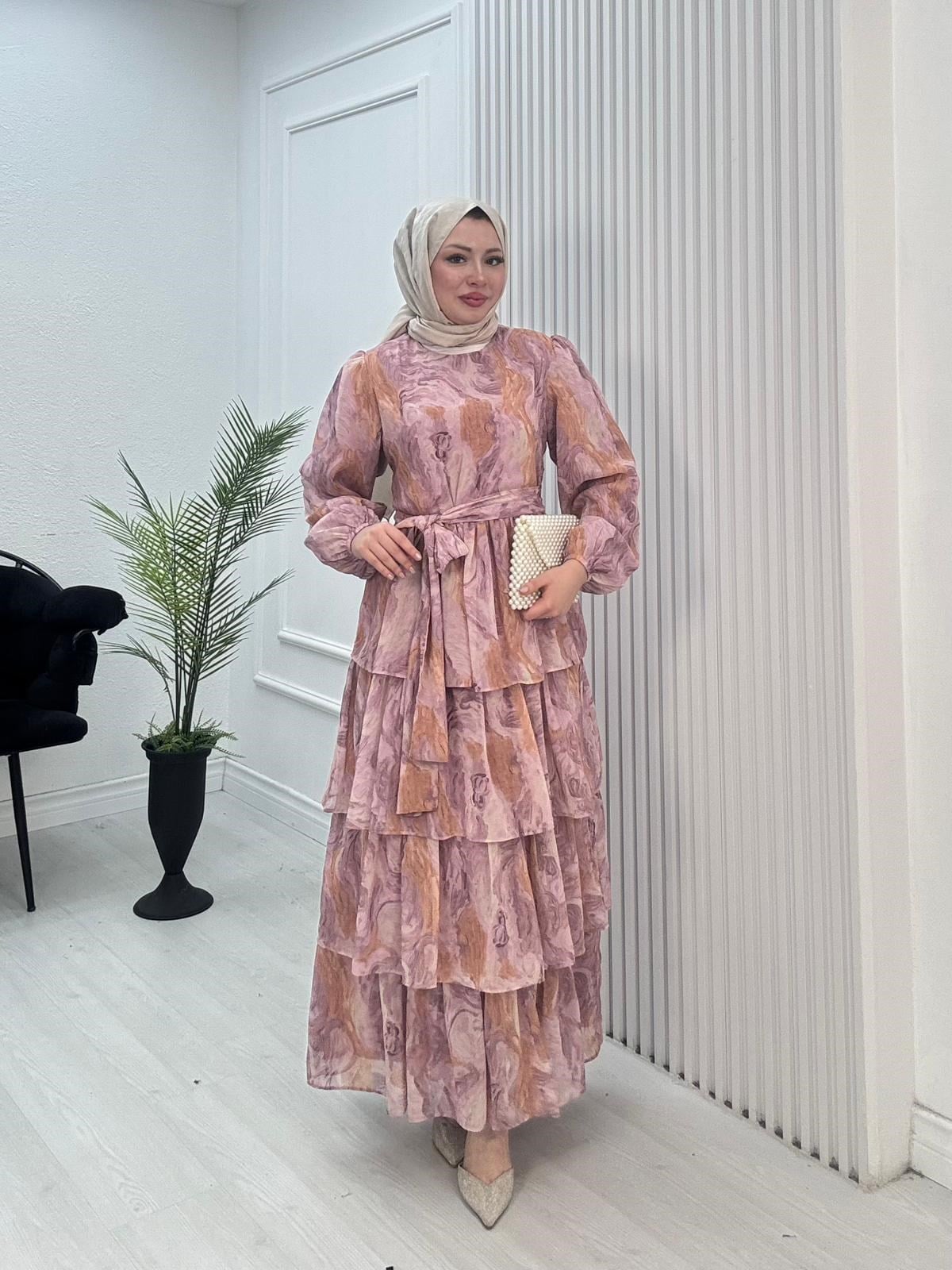 Rw2564-Renkli Şifon Kat Kat Elbise-Pembe
