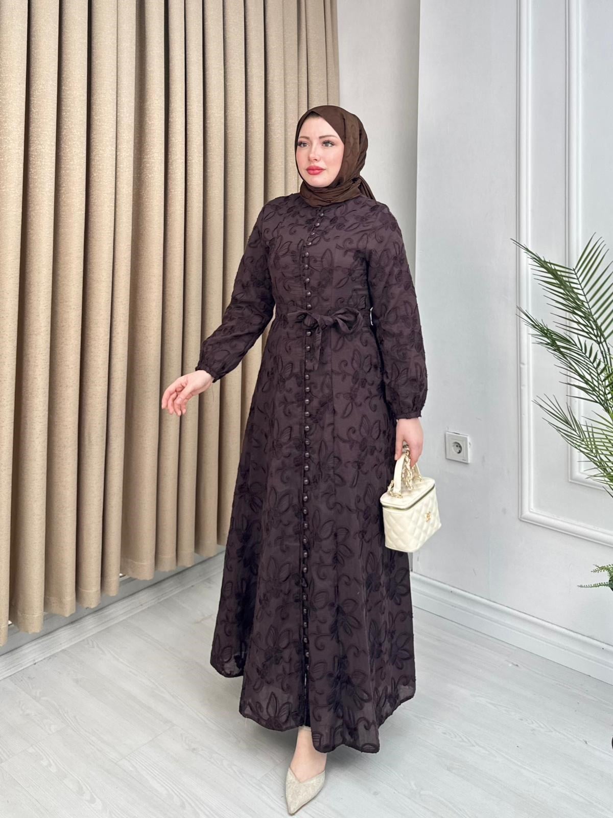 Rw5298-Flora İşlemeli Elbise-Koyu Kahverengi