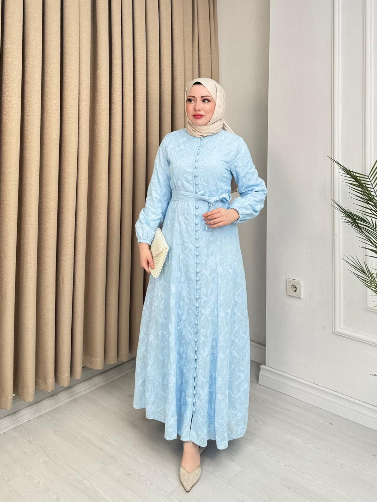 Rw5298-Flora İşlemeli Elbise-Mavi